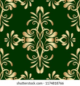 Embroidery gold green Damask vector seamless pattern. Tapestry ornamental background. Embroidered ornaments in ethnic style. Abstract grunge paisley flowers, leaves, swirls. Textured ornate design