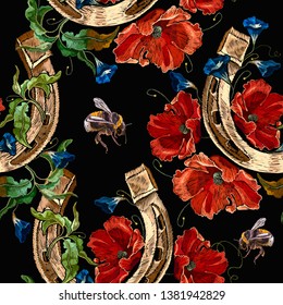 Embroidery gold horseshoe, red poppies and violet flowers seamless pattern.  Template fashionable clothes, t-shirt design 