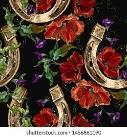 Embroidery gold horseshoe and red poppies flowers seamless pattern. Summer floral colorful template fashionable clothes, t-shirt design 