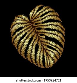 Embroidery of gold metal  tropical monstera leaves. Can be used as a separate decorative element. 