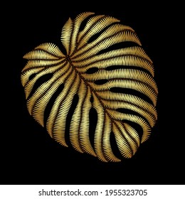 Embroidery of gold metal  tropical monstera leaves. Can be used as a separate decorative element. 