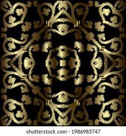 Embroidery gold seamless pattern. Textured ornamental vector background. Floral repeat  backdrop. Vintage golden flowers ornaments. Embroidered grunge design in Baroque style. Endless surface texture.