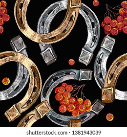 Embroidery gold and silver horseshoes and red berries of mountain ash seamless pattern. Fashion autumn art. Template for design of clothes, tapestry