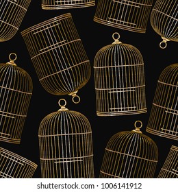 Embroidery golden bird's cages seamless pattern. Symbol of love, passion. Gold cages pattern. Fashionable clothes, t-shirt design. Clothes, t-shirt textile design template 