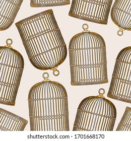 Embroidery golden bird's cages seamless pattern. Clothes, t-shirt textile design template. Symbol of freedom, love, passion 