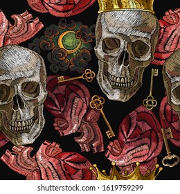 Embroidery golden crown, anatomical heart and skull, moon and vintage keys. Seamless pattern. Gothic and halloween art. Medieval template for clothes 