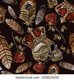 Embroidery golden crown, human skull, feathers and roses seamless pattern. Fashion template for clothes, textiles, t-shirt design. Embroidery medieaval seamless pattern