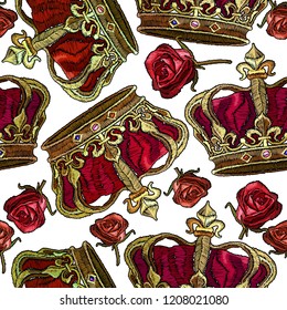 Embroidery golden crown and roses flowers seamless pattern. Fashion template for clothes, textiles, t-shirt design