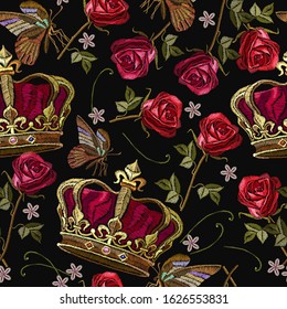 Embroidery golden crown and roses flowers seamless pattern. Royal template for clothes, textiles, t-shirt design