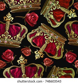 Embroidery golden crown and roses flowers seamless pattern. Royal embroidery medieval crown of the emperor and roses pattern. Fashion template for clothes, textiles, t-shirt design