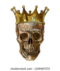 Embroidery golden crown and skull. Dia de muertos, day of the death art. Gothic romanntic embroidery human skulls, clothes template and t-shirt design 