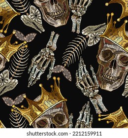 Embroidery golden crown, skull, fish bone and skeleton hands. Dark gothic romanntic seamless pattern. Medieval clothes template. Fairy tale background