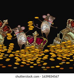 Embroidery golden crown, skull, mouse and coins. Royal style. Fashion template for clothes, textiles, t-shirt design. Medieval seamless pattern
