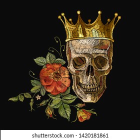 Embroidery golden crown, skull and red roses. Gothic romanntic art, clothes template and t-shirt design. Dia de muertos, day of the death art 
