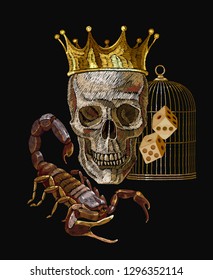 Embroidery golden crown and skull, scorpion, gold cage and game dice. Classical gothic dark art. Medieval template for clothes, textiles, t-shirt design 