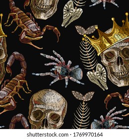 Embroidery golden crown, skull, tarantula spider, fish bone and scorpion. Gothic romanntic art. Medieval clothes template. Fairy tale background 