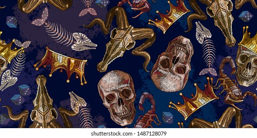 Embroidery golden crown, skulls, fish bones and bull head horizontal seamless pattern. Halloween art. Gothic medieval art template clothes, t-shirt design, print 