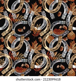 Embroidery golden and silver horseshoes and autumn leaves. Seamless pattern. Fashion art. Template for design of clothes, tapestry. Fall forest concept 