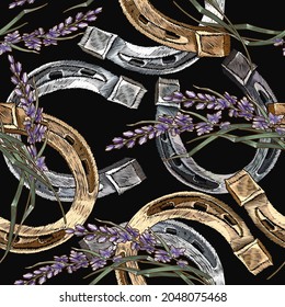 Embroidery golden and silver horseshoes and lavender flowers seamless pattern. Fashion art. Template for design of clothes, tapestry 