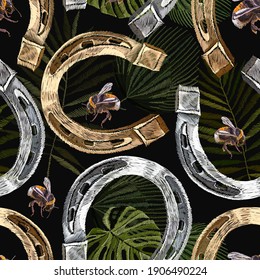 Embroidery golden and silver horseshoes, palm leaves and bumble bee, seamless pattern. Fashion art. Template for design of clothes, tapestry 