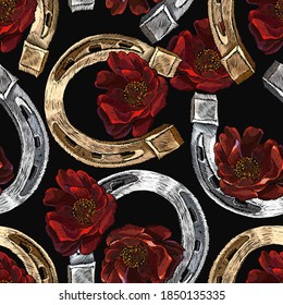 Embroidery golden and silver horseshoes and red roses flowers seamless pattern. Fashion art. Template for design of clothes, tapestry 