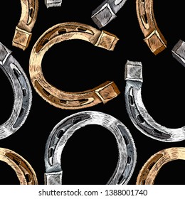 Embroidery golden and silver horseshoes seamless pattern. Fashion art. Template for design of clothes, tapestry 