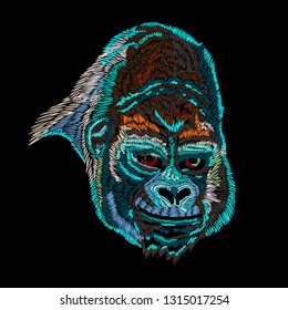 Embroidery gorilla for clothing. Vector illustration on black background. Decorative element for embroidery, patches and stickers. Print on tshirts and other materials.