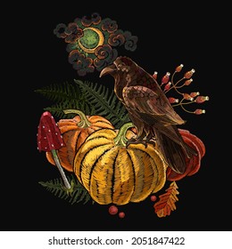 Embroidery gothic art. Bird raven, orange pumkin, autumn leaves, fly agaric and moon. Night fairy tale style. Esoteric concept. Halloween template for clothes, t-shirt design 