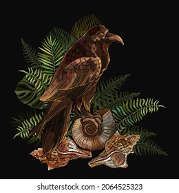 Embroidery gothic art. Bird raven, fern, sea shells and ammonite fossil. Night fairy tale style. Esoteric concept. Halloween template for clothes, t-shirt design 