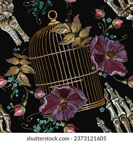 Embroidery gothic art. Skeleton hands, golden cage, purple and blue flowers spring flowers seamless pattern. Garden style. Fashionable design of clothes, textile