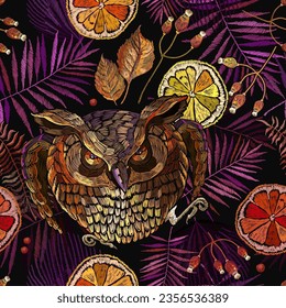 Embroidery. Gothic owl birds, lemon slice, berries and autumn tropical leaves. Fashion seamless pattern. Template of clothes, tapestry, t-shirt design