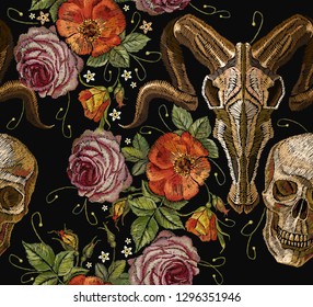 Embroidery gothic romanntic, bison buffalo skulls, human skull, red roses tribal seamless pattern, clothes t-shirt. Dia de muertos, day of the dead 