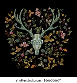 Embroidery Gothic romantic pattern with deer skull, roses, raspberry and blackberry. Vector embroidered bouquet with flowers, leaves and skull for wearing design. Dia de Muertos, Day of the dead