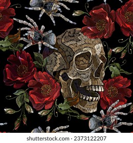 Embroidery gothic skull and red roses, tarantula spider seamless pattern. Medieval style. Halloween background. Clothes template and t-shirt design. Dark art