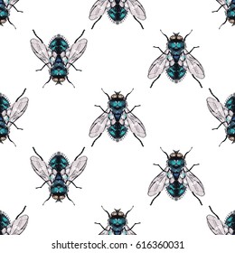 Embroidery green fly. Fashion patch with insects illustration. Seamless pattern backdrop. Trendy traditional art on white background.