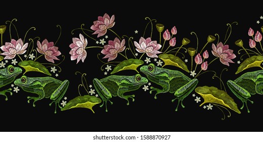 Embroidery green frogs and lotus flowers. Horizontal seamless pattern. Fashion clothes template, t-shirt design