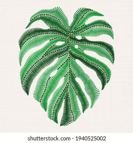 Embroidery of green tropical monstera leaves. Can be used as a separate decorative element. 