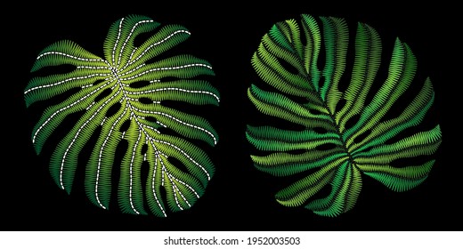 Embroidery of green tropical monstera leaves. Can be used as a separate decorative element. Set of leaves