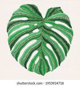 Embroidery of green tropical monstera leaves. Can be used as a separate decorative element. 