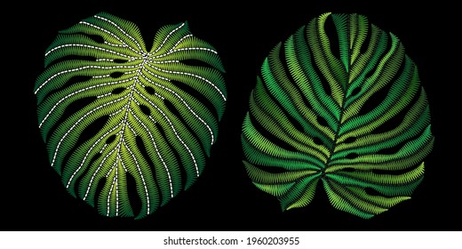 Embroidery of green tropical monstera leaves. Can be used as a separate decorative element. Set of leaves