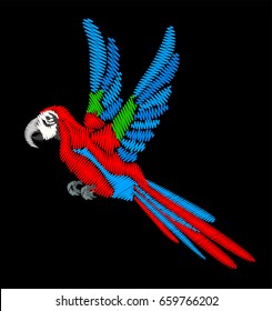 Embroidery Green-winged macaw. Red Ara - flying bird isolated on black background.