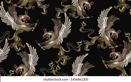 Embroidery Griffin, Medieval Seamless Pattern. Gothic Tapestry Renaissance Style. Template For Clothes, T-shirt Design 