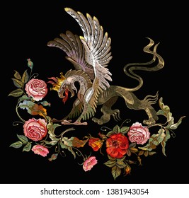 Embroidery griffin and red roses, pink peonies. Medieval art. Gothic template tapestry renaissance style. Template for clothes, t-shirt design 