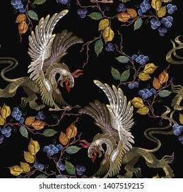 Embroidery griffins and black berries leaves seamless pattern. Medieval art. Template for clothes, t-shirt design.  Gothic template tapestry renaissance style 