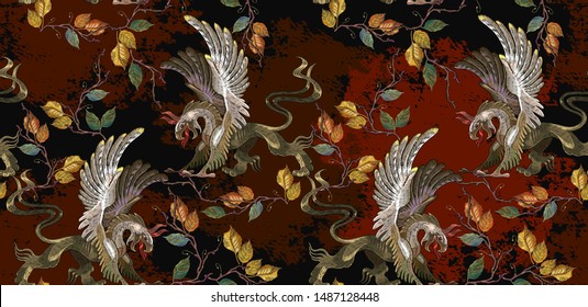 Embroidery griffins and blackberry leaves gothic horizontal seamless pattern. Template for clothes, t-shirt design. Medieval template, tapestry renaissance style 