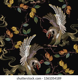 Embroidery griffins and blackberry leaves seamless pattern. Template for clothes, t-shirt design. Medieval art. Gothic template tapestry renaissance style 