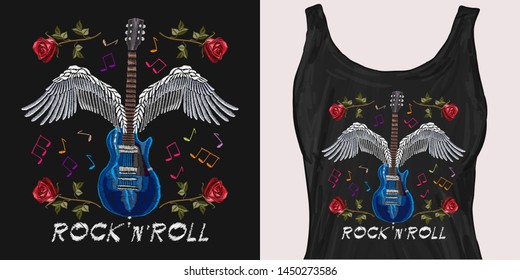 Embroidery guitar with wings and roses, rock’n’roll slogan. Trendy apparel design. Template for fashionable clothes, modern print for t-shirts, apparel art