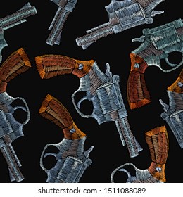 Embroidery guns seamless pattern.  Wild West art, crime style, gangster background, vintage revolvers. Template for clothes, textile 