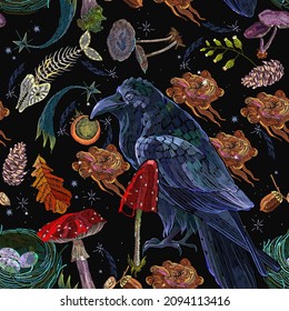 Embroidery. Halloween art. Magic forest background. Mushrooms, night starry sky, autumn fly agaric and gothic raven bird. Northern fairy tales. Fashion template for clothes