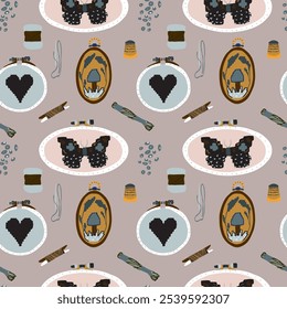 Embroidery hand drawn pattern. Vector artwork about needlework, hoops, thread and thimble. Cute pastel colors and adorable handmade heart, butterfly, mushroom. Use it for paper, textile and clothing.